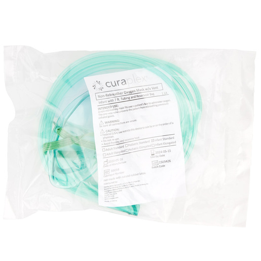 Curaplex® Oxygen Mask, Infant, High Concentration Non-Rebreather, without Vent, Reservoir Bag, 7ft of Supply Tubing