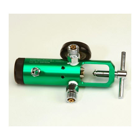 Oxygen Regulator, Click Style, 0-25LPM, E Cylinder, Yoke, Barb Out, Power Take Off 90 Degree Angle