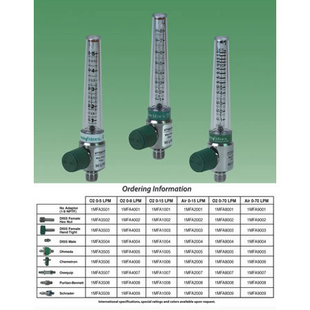 Oxygen Flowmeters, Chrome, 0-70 LPM