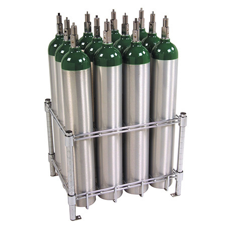 Oxygen Cylinder Rack, Holds 12 E or D Cylinders, Chrome Plated, Bolt Down Feet